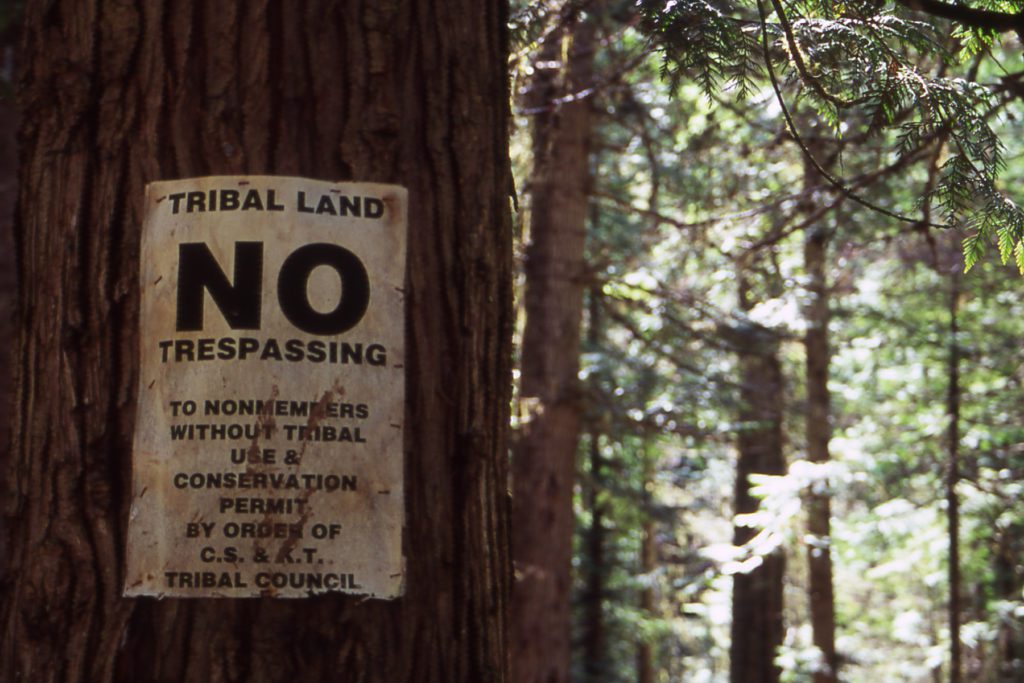 No Trespassing sign in the Mission Mountain Tribal Wilderness in northwestern Montana 