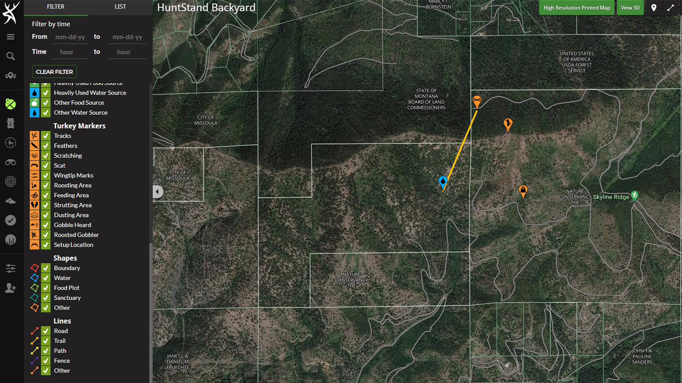 HuntStand Pro desktop map view showing public and private property layers for E-scouting.