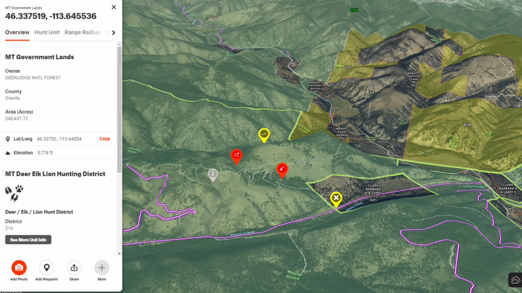 onX Hunt desktop map view displaying hunting units and waypoints for E-scouting.